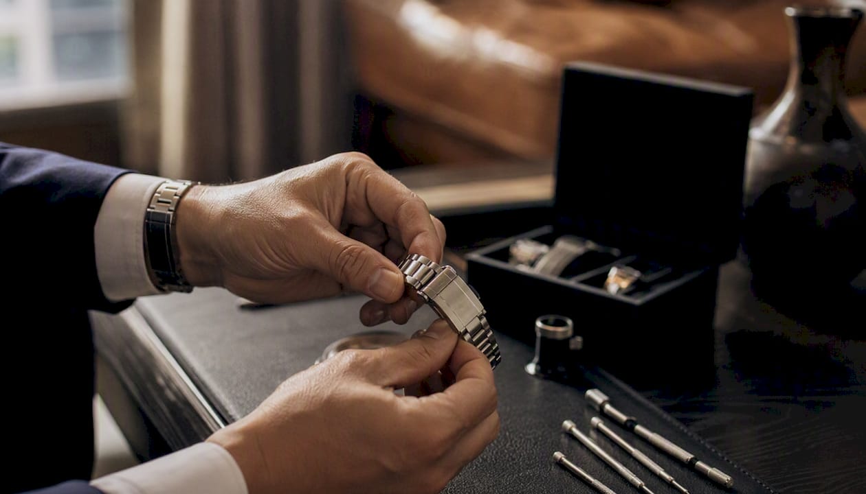 Hands adjusting luxury watch bracelet clasp