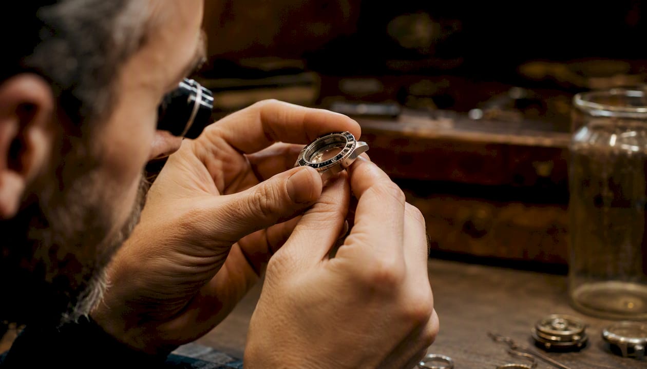 Hands inspecting watch bezel and dial closely