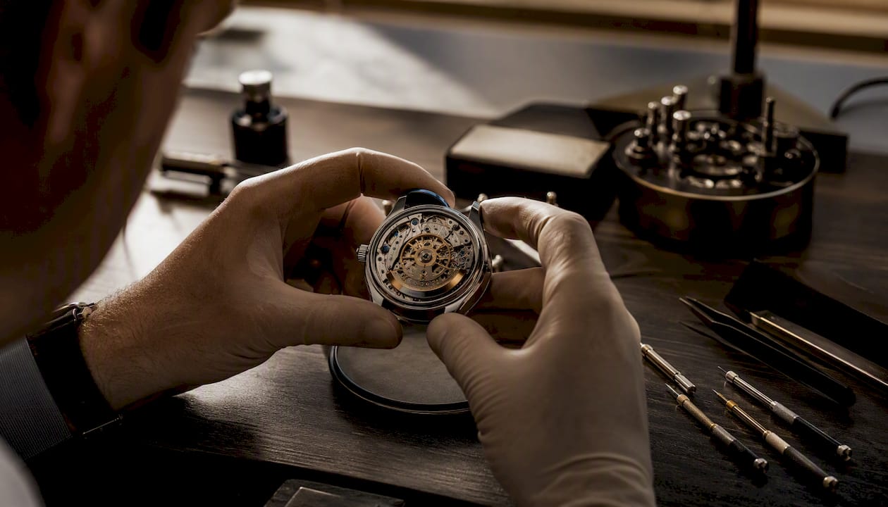 Watchmaker inspecting movement serial number