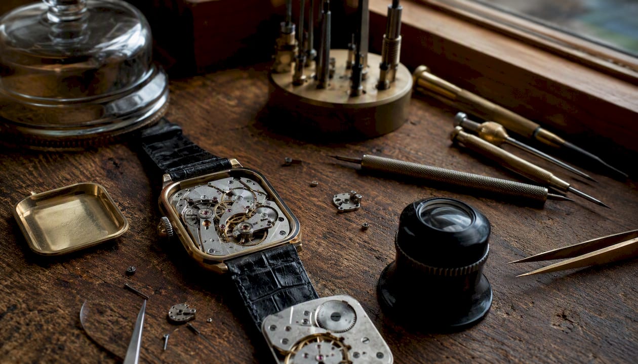 Watchmaker tools and watch movement under repair