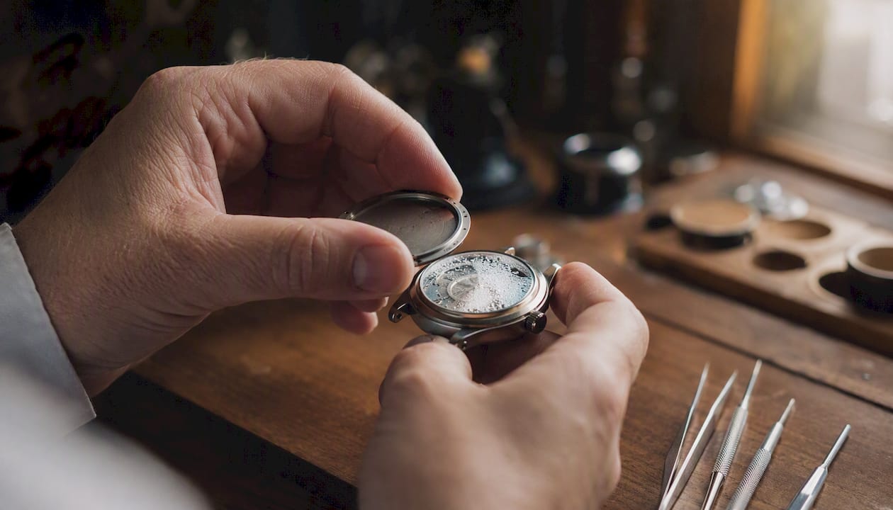 Watchmaker opening fogged watch case