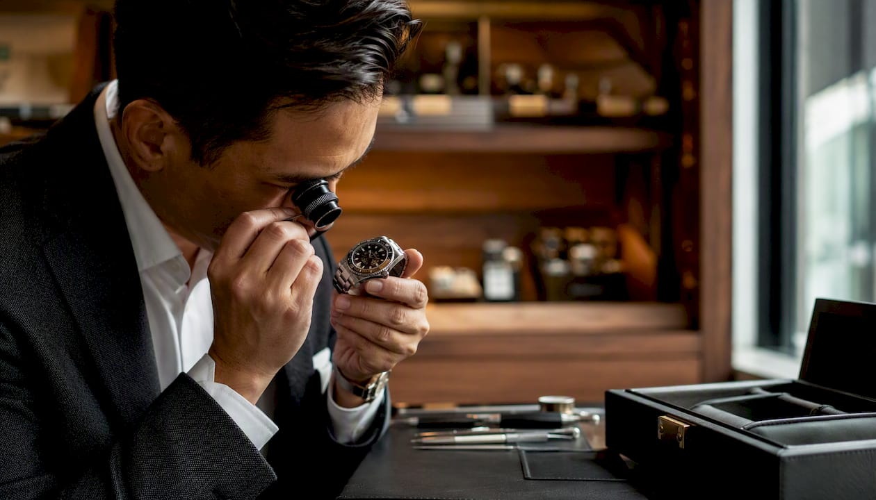 Watch inspector examining luxury wristwatch