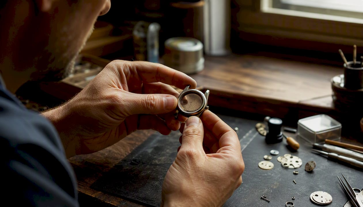 Watchmaker hands holding vintage watch case