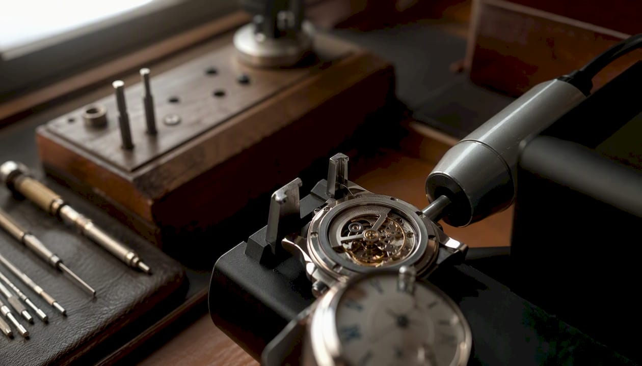 Close-up of mechanical watch on timing machine