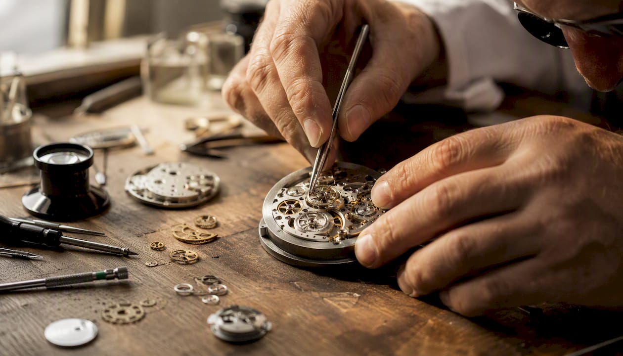 Watchmaker hands adjusting balance wheel