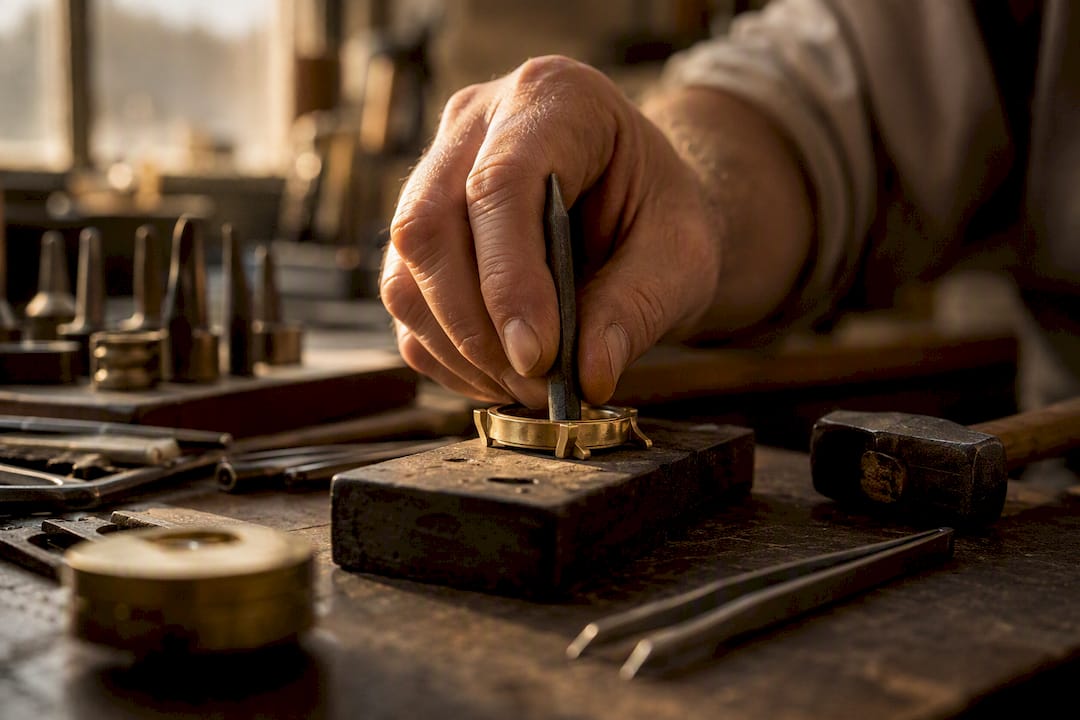 Watchmaker stamping hallmark on gold watch case
