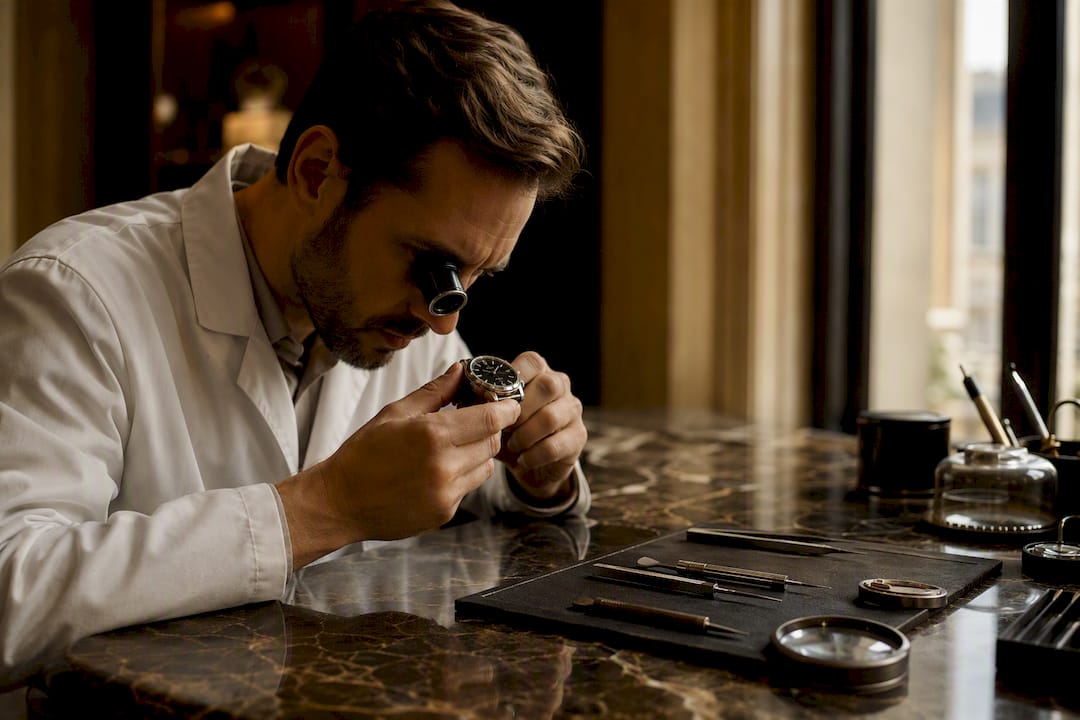 Watchmaker inspecting luxury watch details