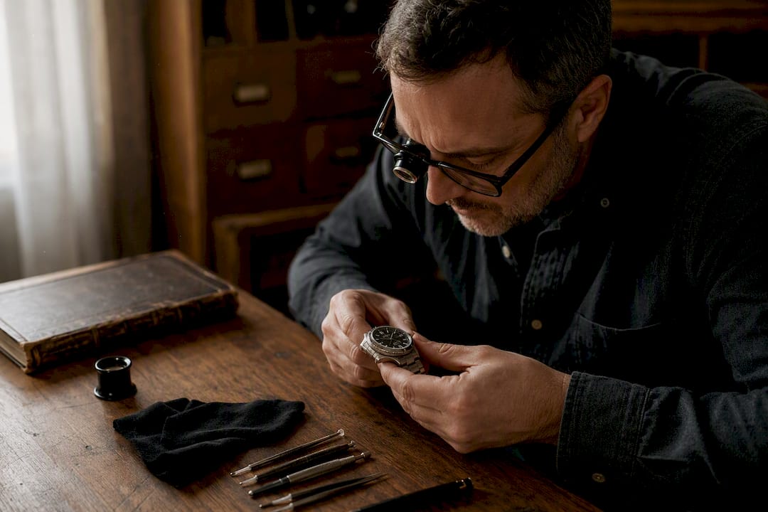 Hands examining luxury watch in warm appraisal setting