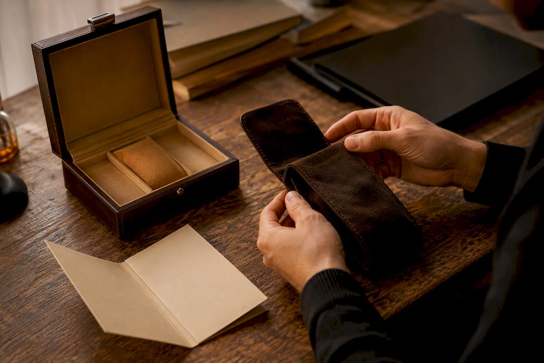 Hands touching watch box and papers on desk