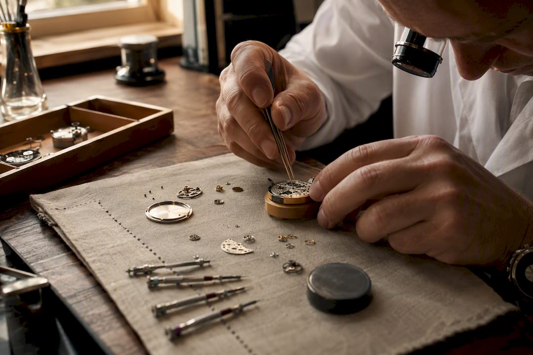 Watchmaker hands servicing watch movement