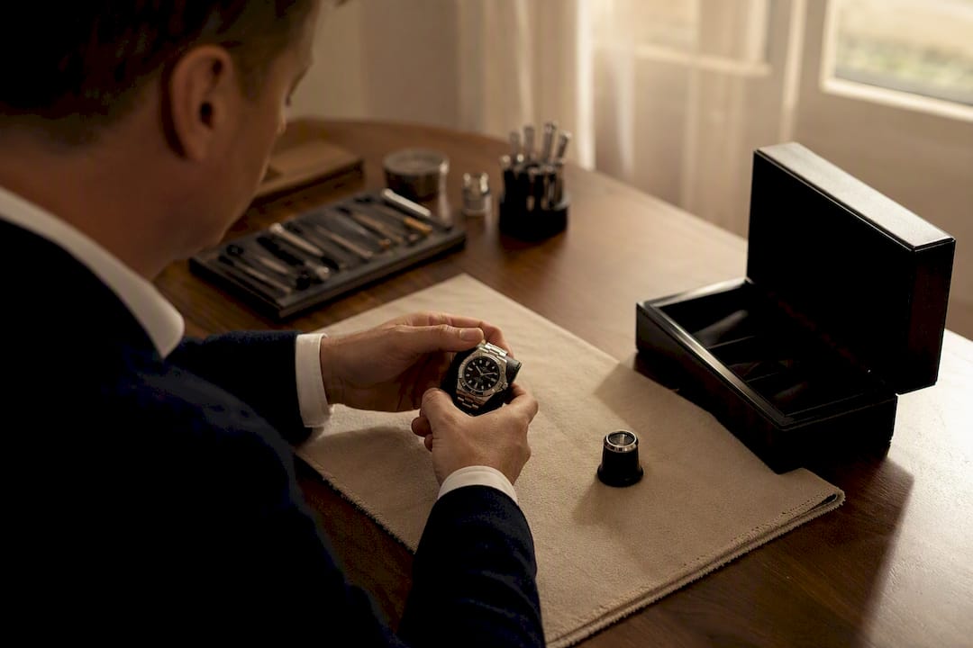 Watch specialist assessing watch detail