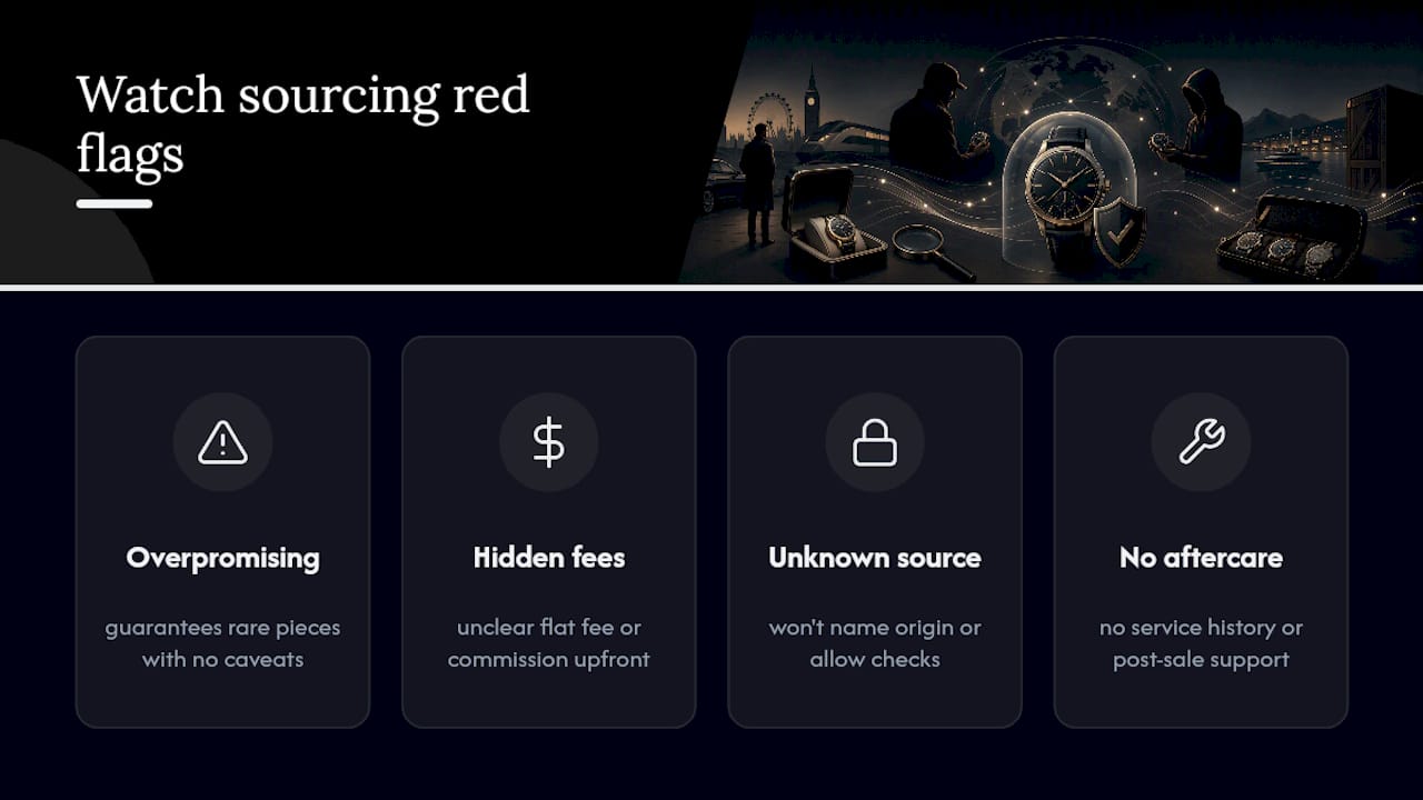 Diagram outlining red flags for watch sourcing services