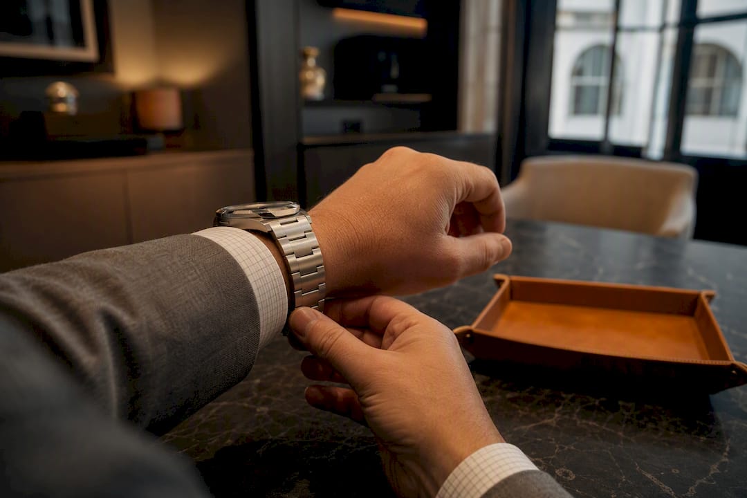 Buyer trying on an anonymous luxury watch