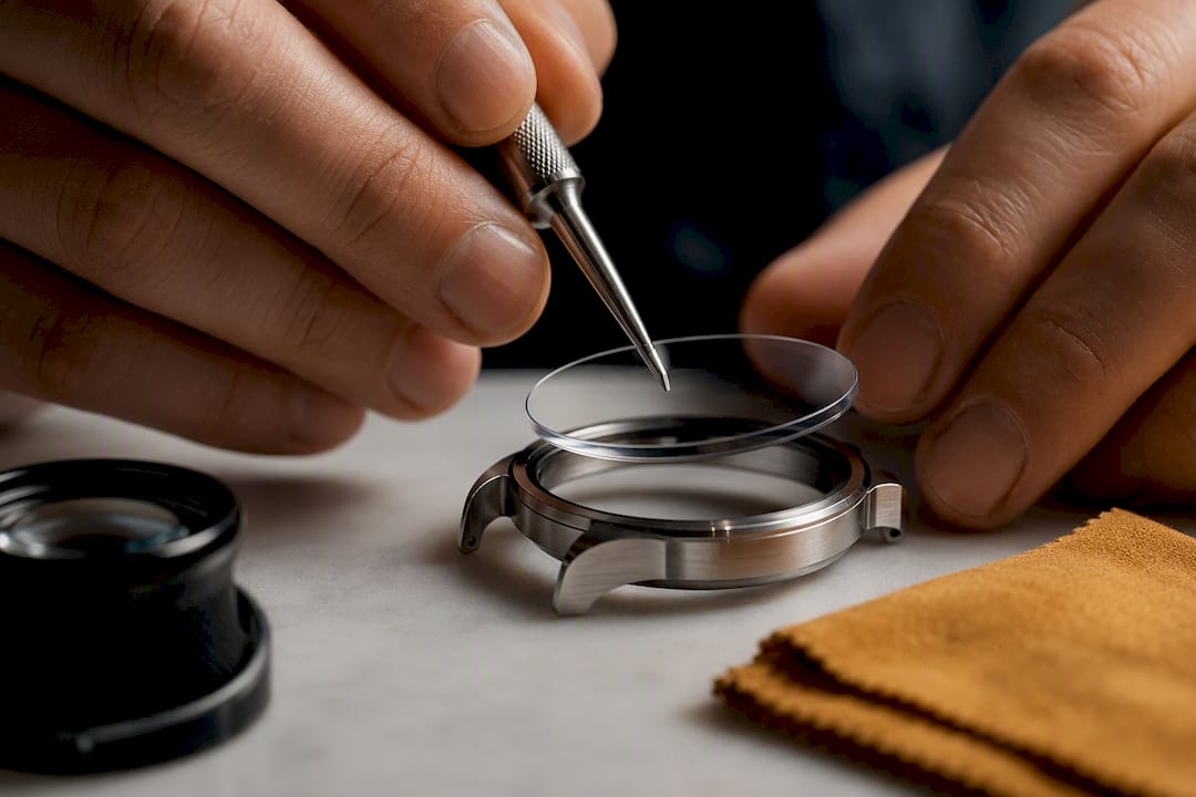 Watchmaker fitting anonymous sapphire crystal