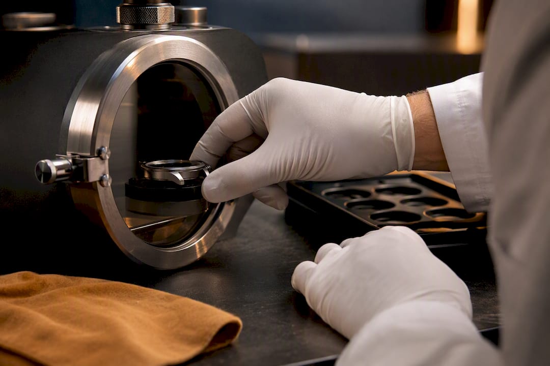 Anonymous watch case entering pressure testing chamber