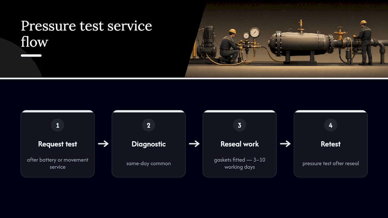 Watch service pressure testing pathway