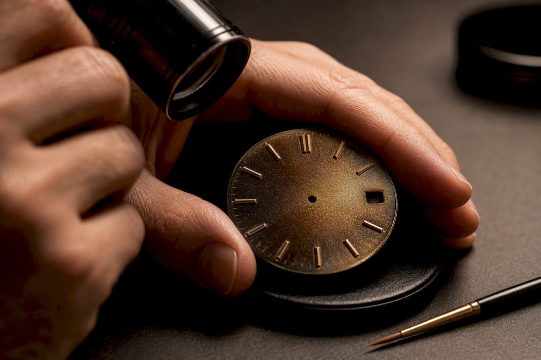 Raking light revealing tropical dial texture