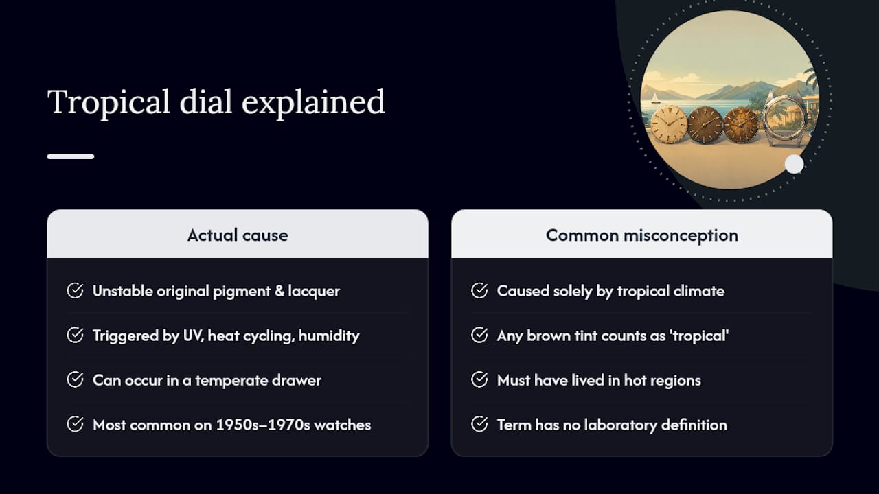 Causes and conditions behind tropical dial ageing