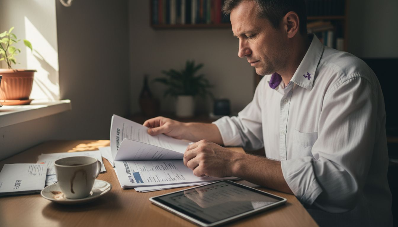 Un bărbat analizează actele de întreținere, consultând în același timp și o tabletă.