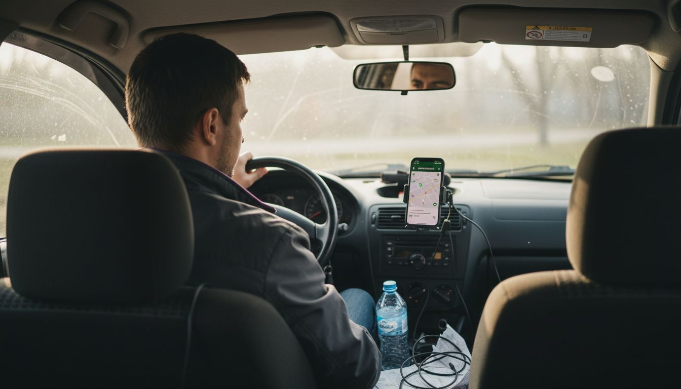 Un șofer de ridesharing verifică telefonul mobil în timp ce se află la volan.