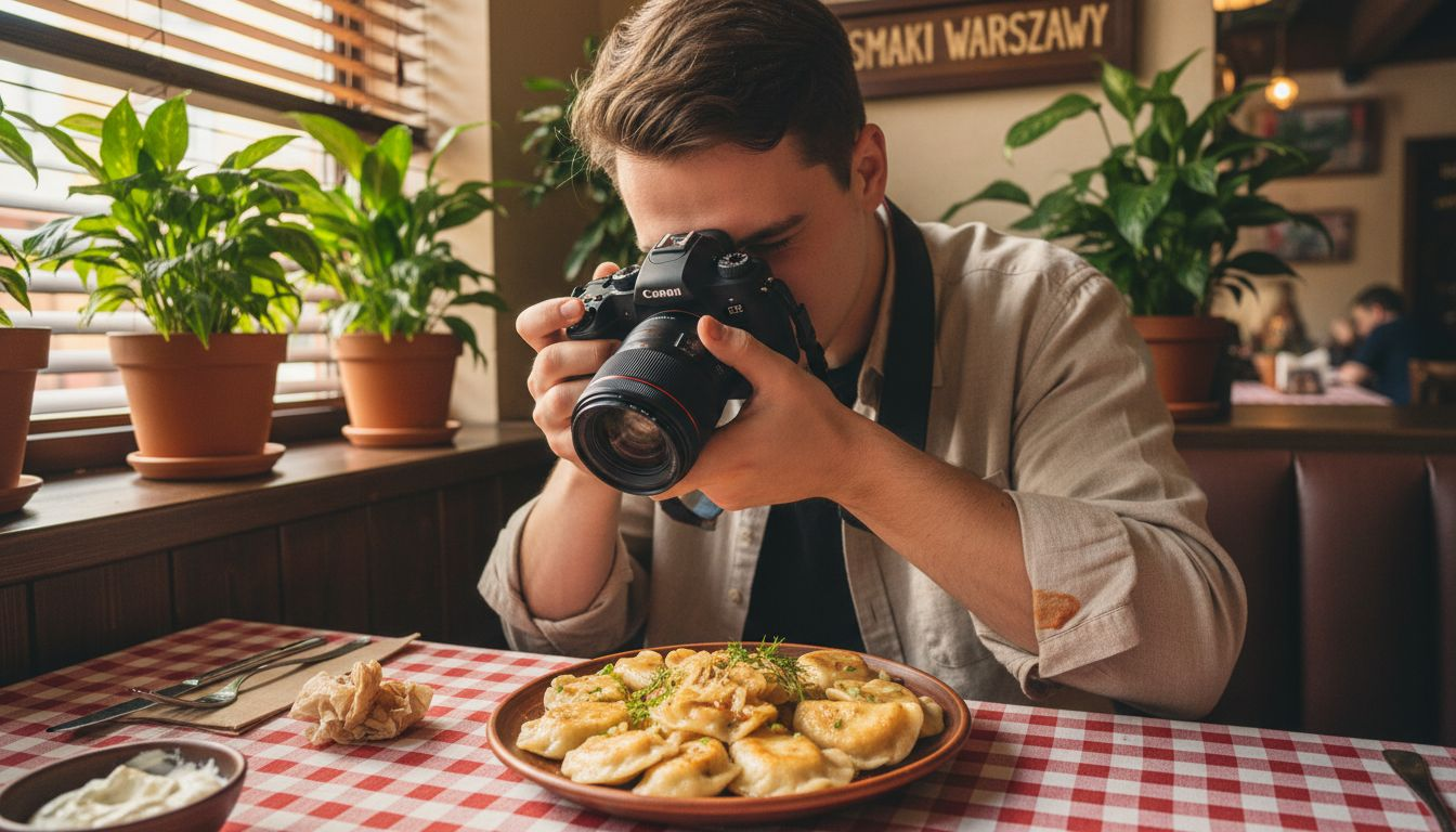 Influencer kulinarny robi zdjęcie jedzenia w restauracji, by podzielić się nim ze swoimi obserwatorami.