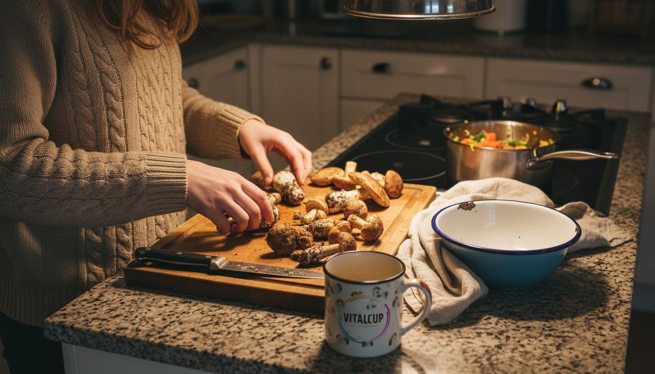 Préparation et tri des champignons frais directement sur le plan de travail