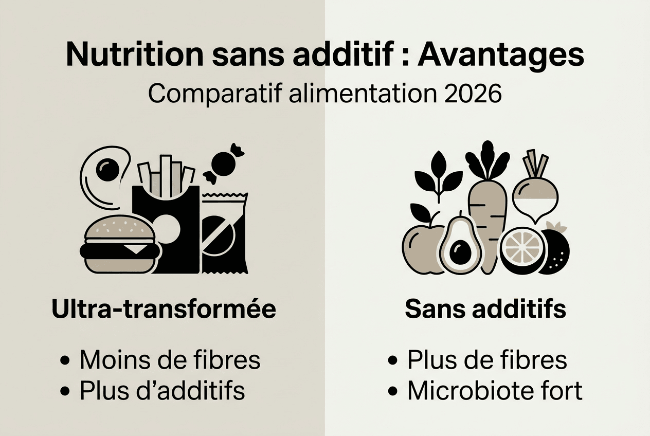 Infographie : alimentation sans additifs versus produits ultra-transformés