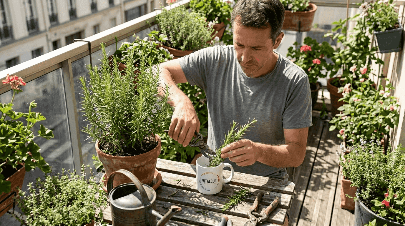 Un thé de romarin préparé sur un balcon baigné de soleil, face à la Méditerranée
