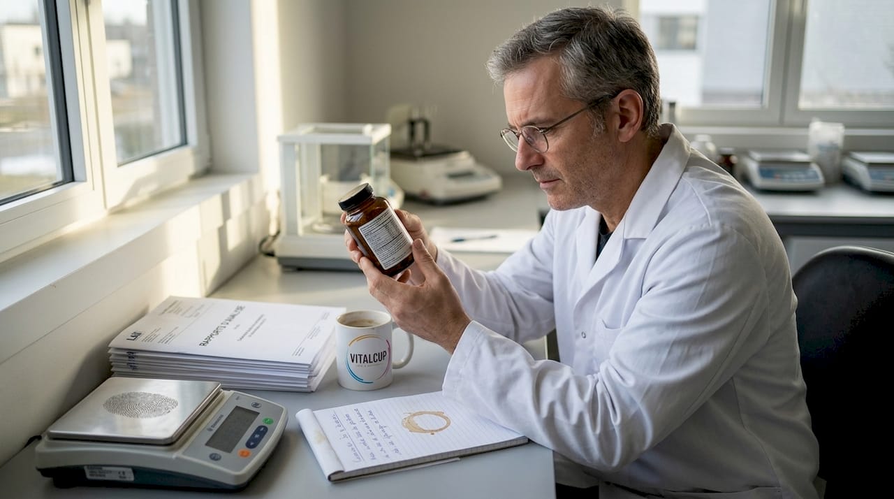 Un nutritionniste analyse la composition des compléments alimentaires en laboratoire pour en vérifier la qualité.