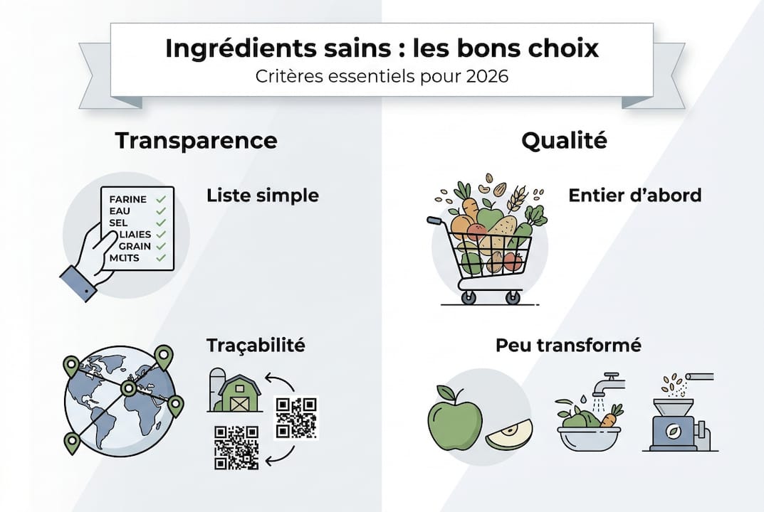 Infographie : les critères pour sélectionner des ingrédients sains présentés de gauche à droite