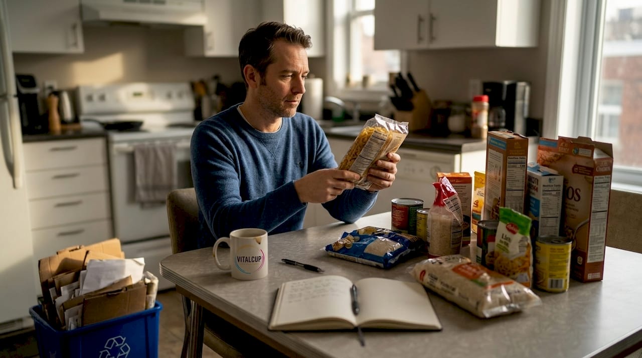Un homme organise et range des produits industriels dans sa cuisine.
