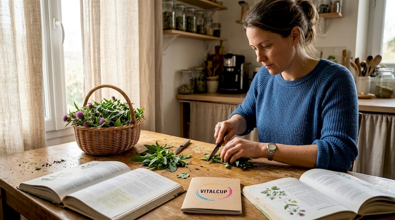 Une femme s’affaire à la préparation de plantes médicinales issues de nos régions françaises.