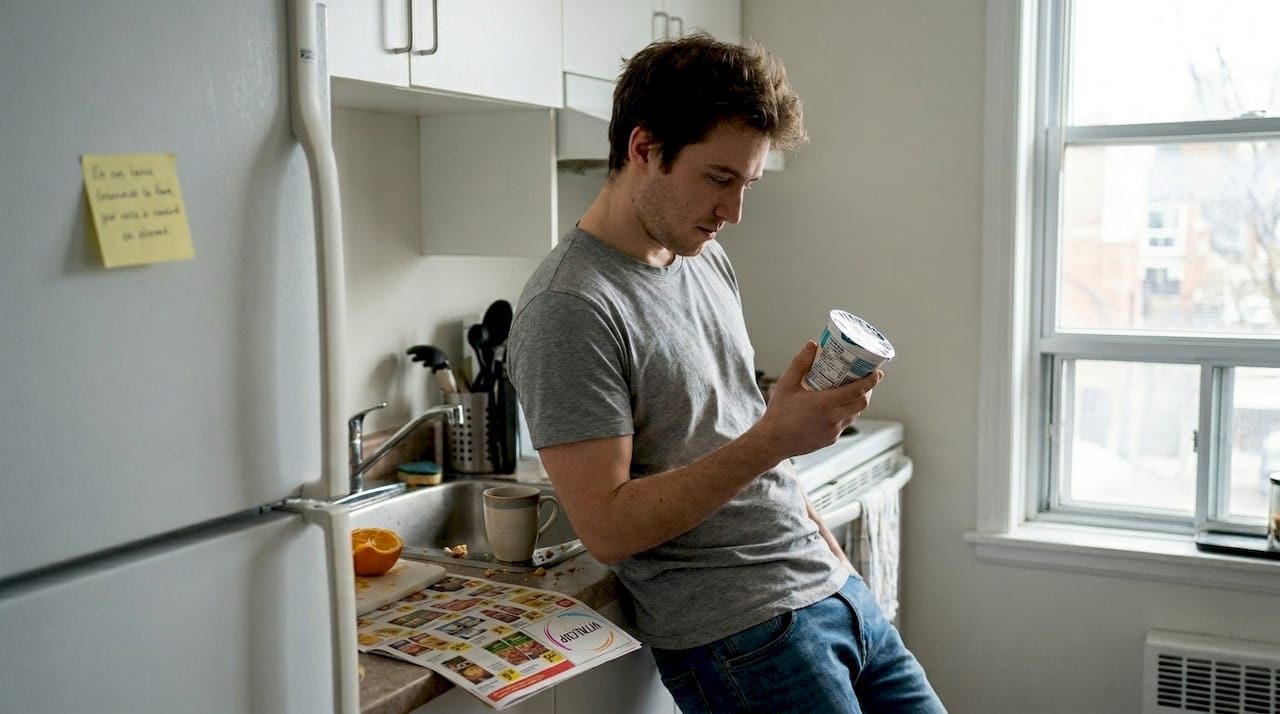 Un homme examine attentivement l'étiquette d'un pot de yaourt.