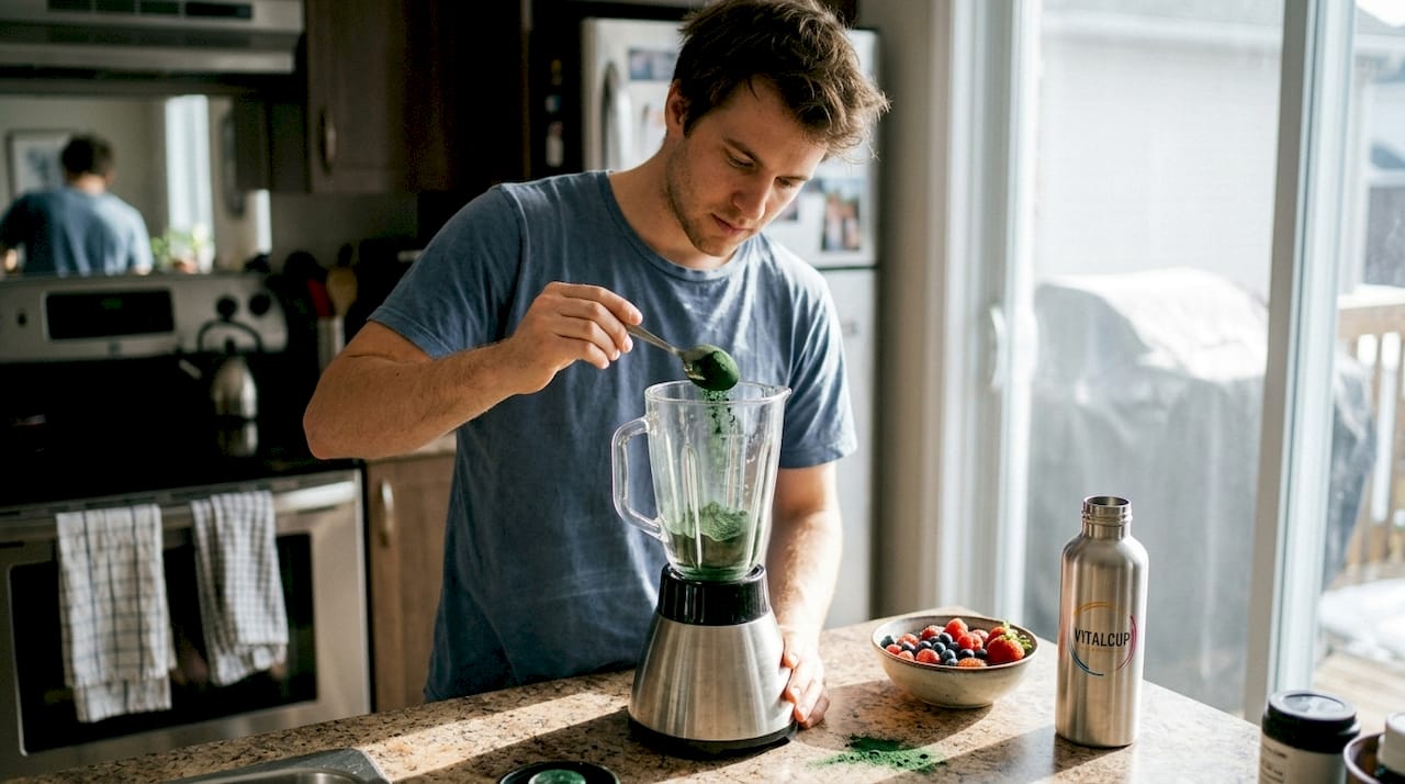 Un homme ajoute de la spiruline à son smoothie du matin pour faire le plein d’énergie dès le réveil.