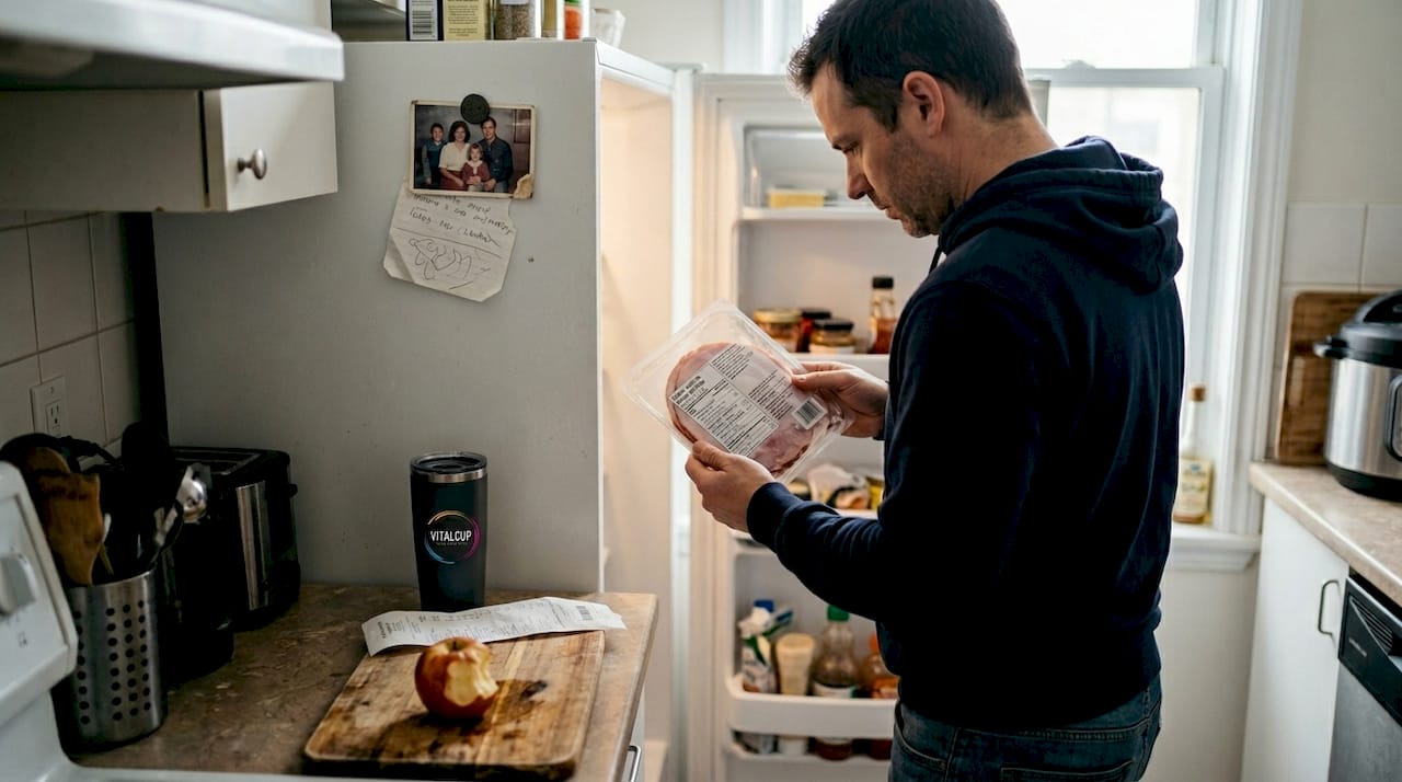 Un homme examine la liste des ingrédients au dos d’un paquet de jambon.
