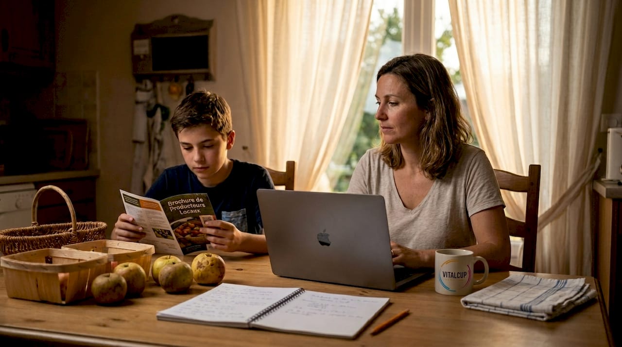 Autour de la table, la famille échange sur l’idée de cuisiner avec des produits locaux, issus des circuits courts, pour privilégier la qualité et soutenir les petits producteurs.
