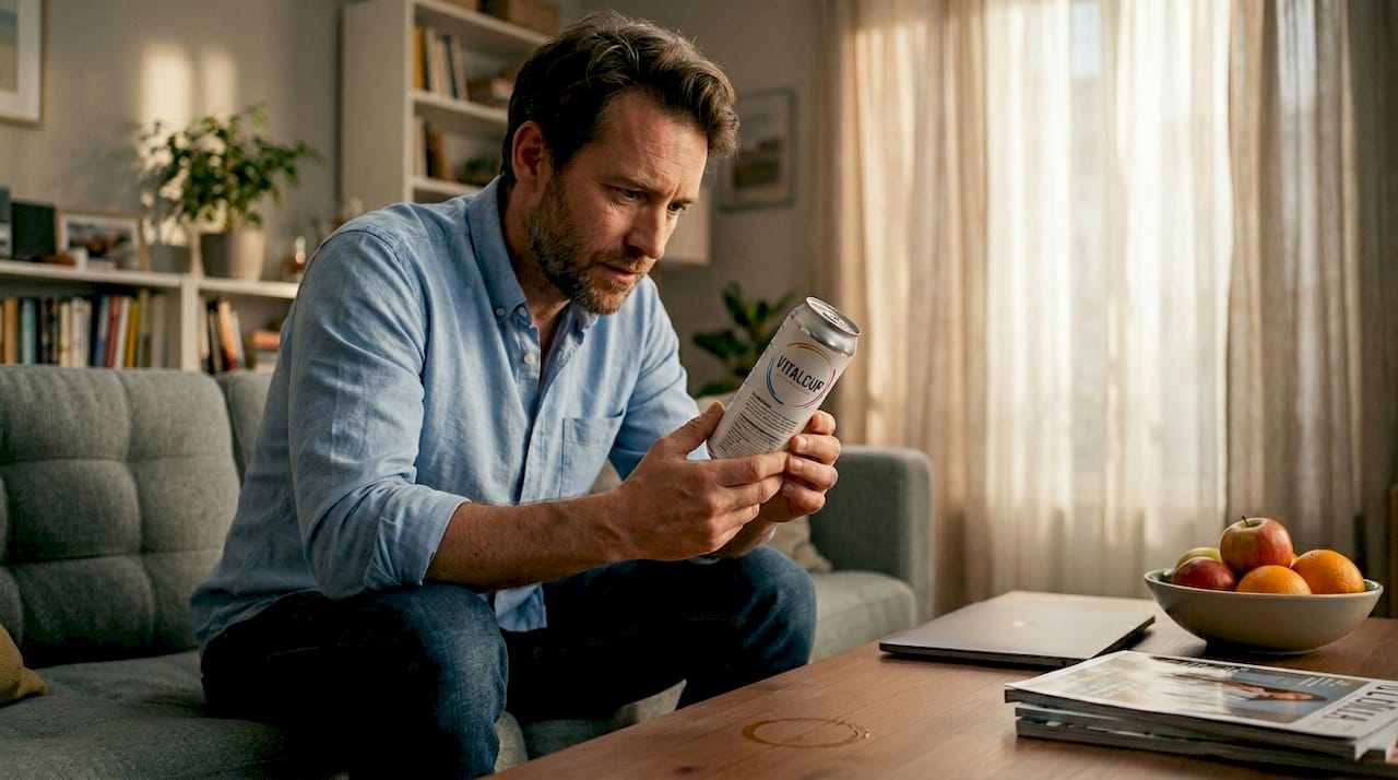 Un homme examine attentivement l’étiquette d’une boisson fonctionnelle.