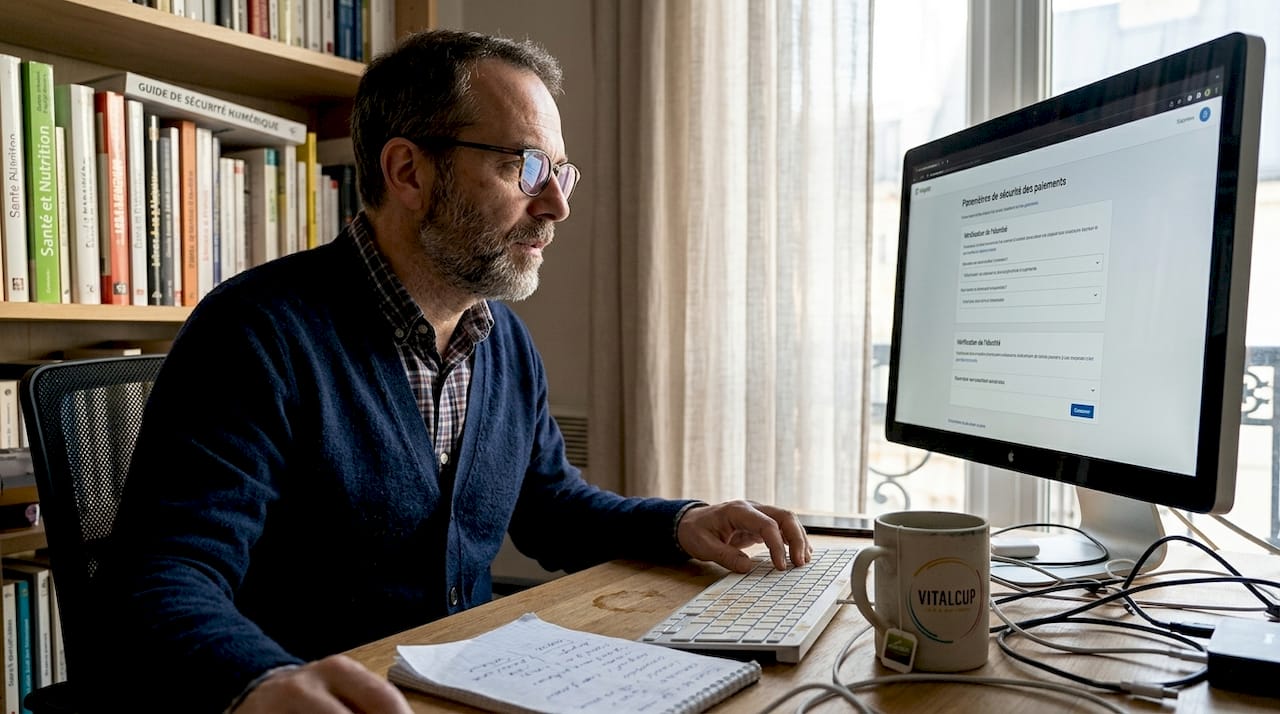 Un homme vérifie la sécurité de ses paiements sur son ordinateur de bureau.