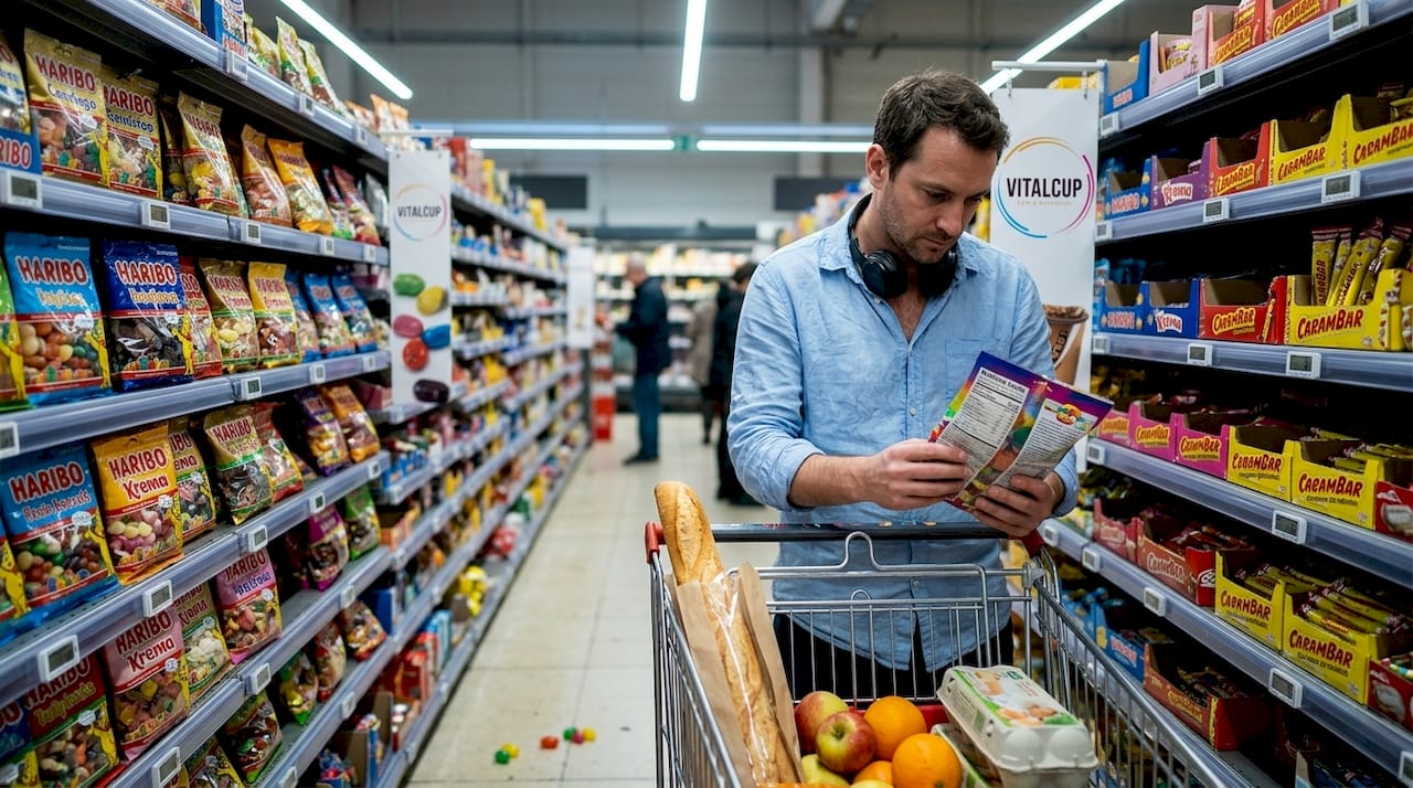 Un homme en train de vérifier la composition d’un produit au rayon alimentation du supermarché.