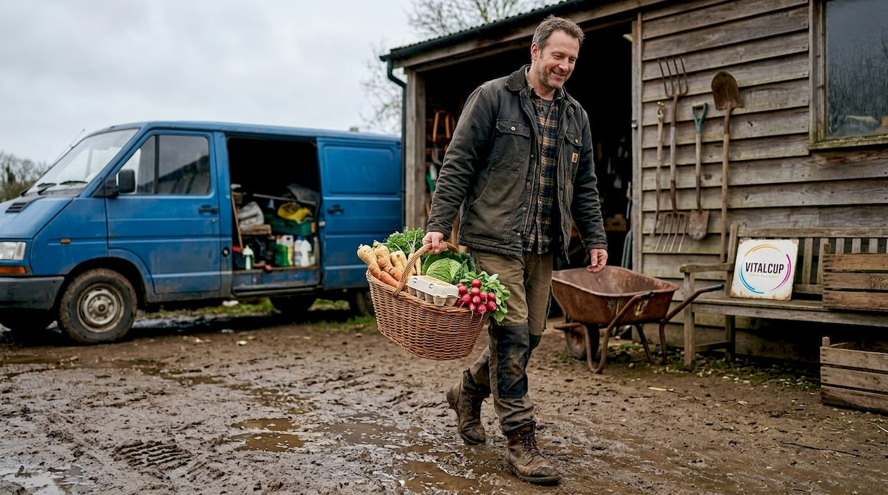 Un panier de produits frais de l’AMAP attend devant la ferme, prêt à être récupéré.