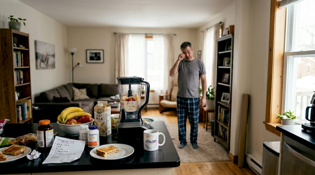 Un homme, visiblement épuisé, prépare son smoothie bien-être du matin.