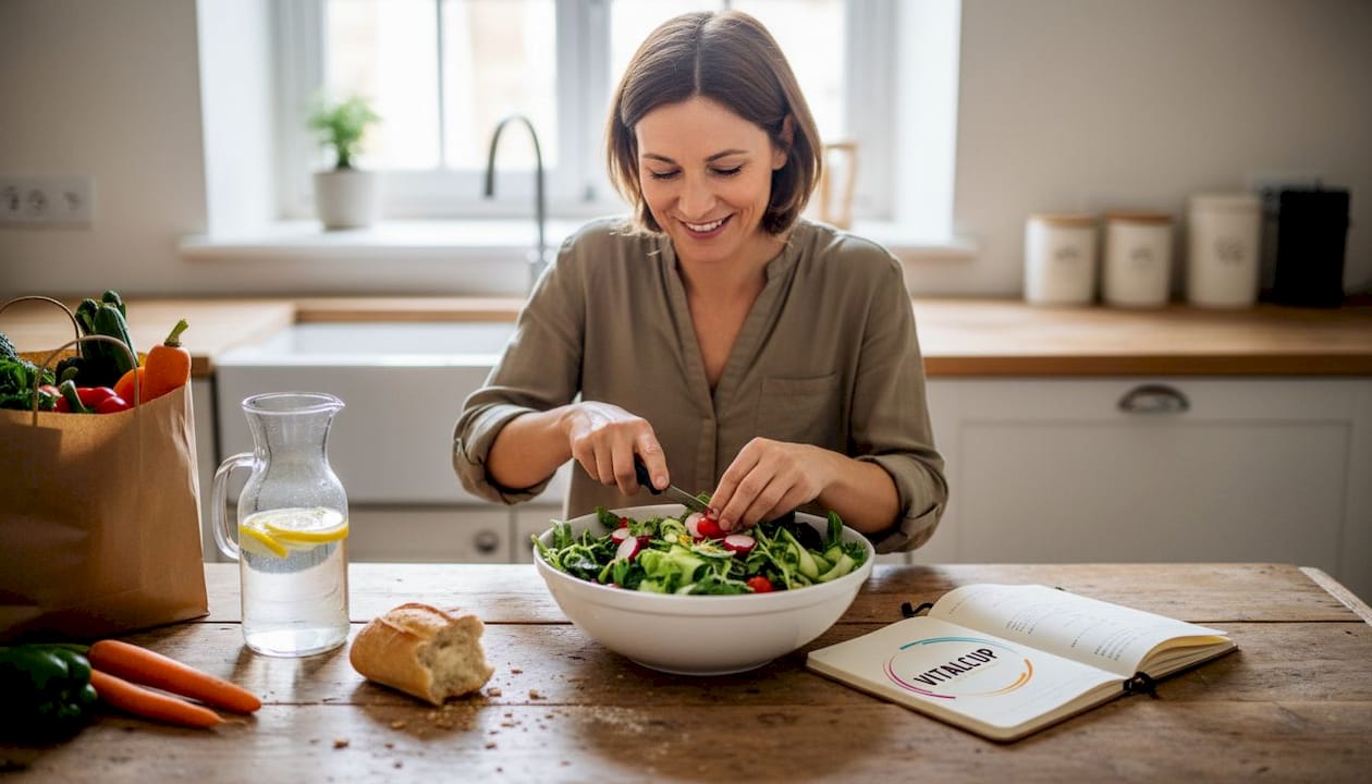 Une femme prépare une salade avec de beaux légumes frais du marché français.