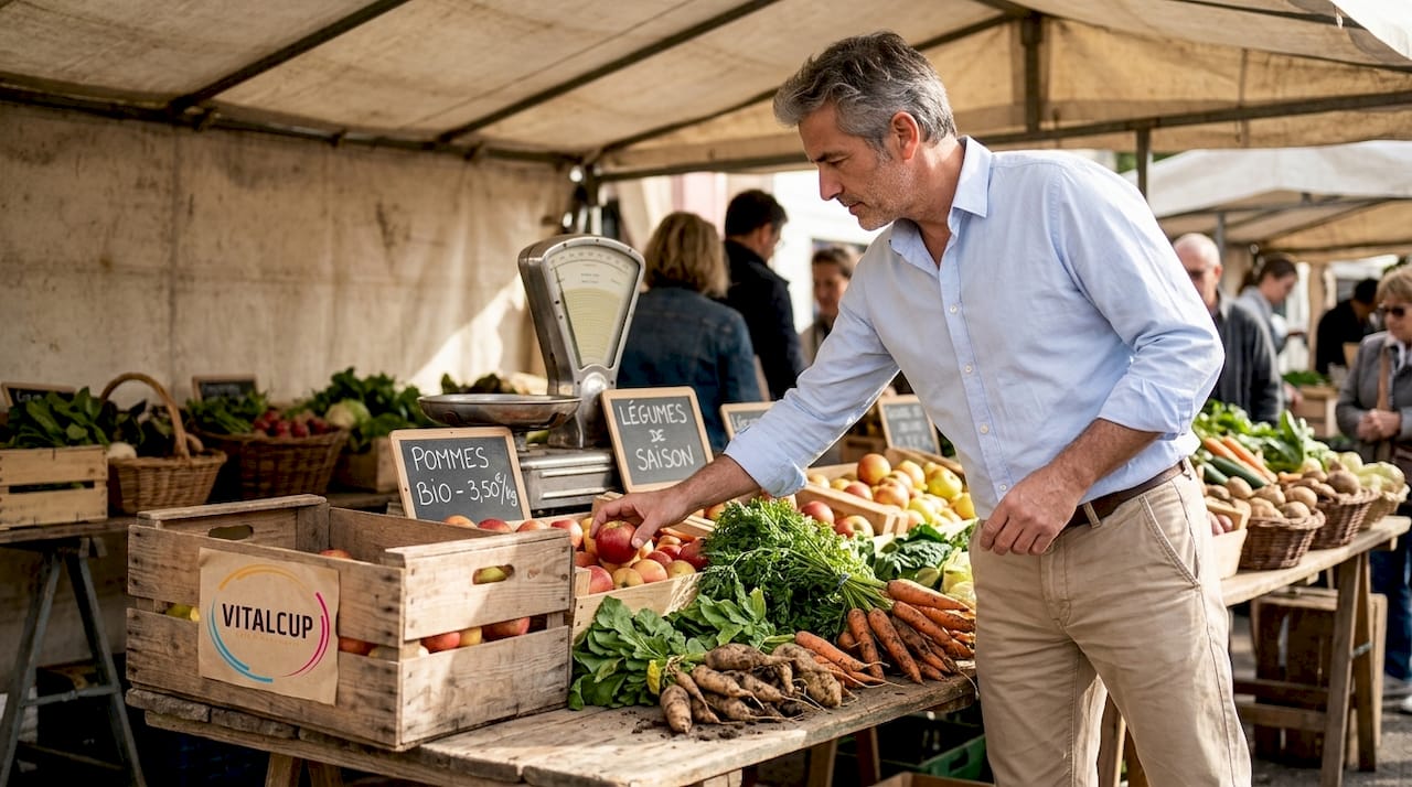 Un client en train de choisir des pommes sur l’étal d’un marché en plein air.