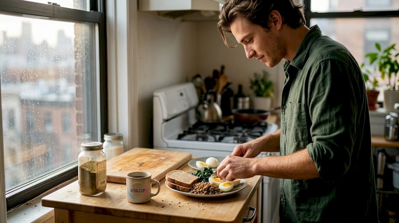 Un homme prépare une assiette de déjeuner saine et équilibrée pour booster ses capacités cérébrales.