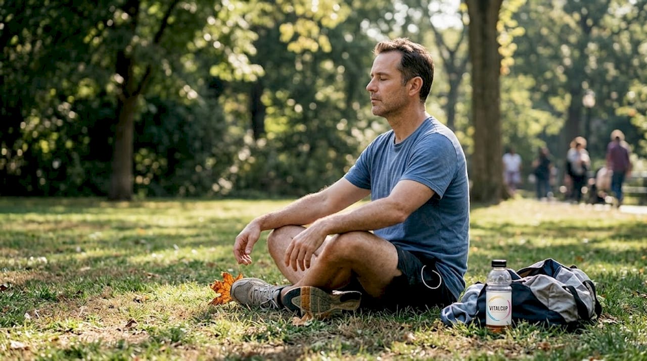 Après son jogging, un homme prend le temps de méditer tranquillement sur un banc, au cœur d’un parc urbain.