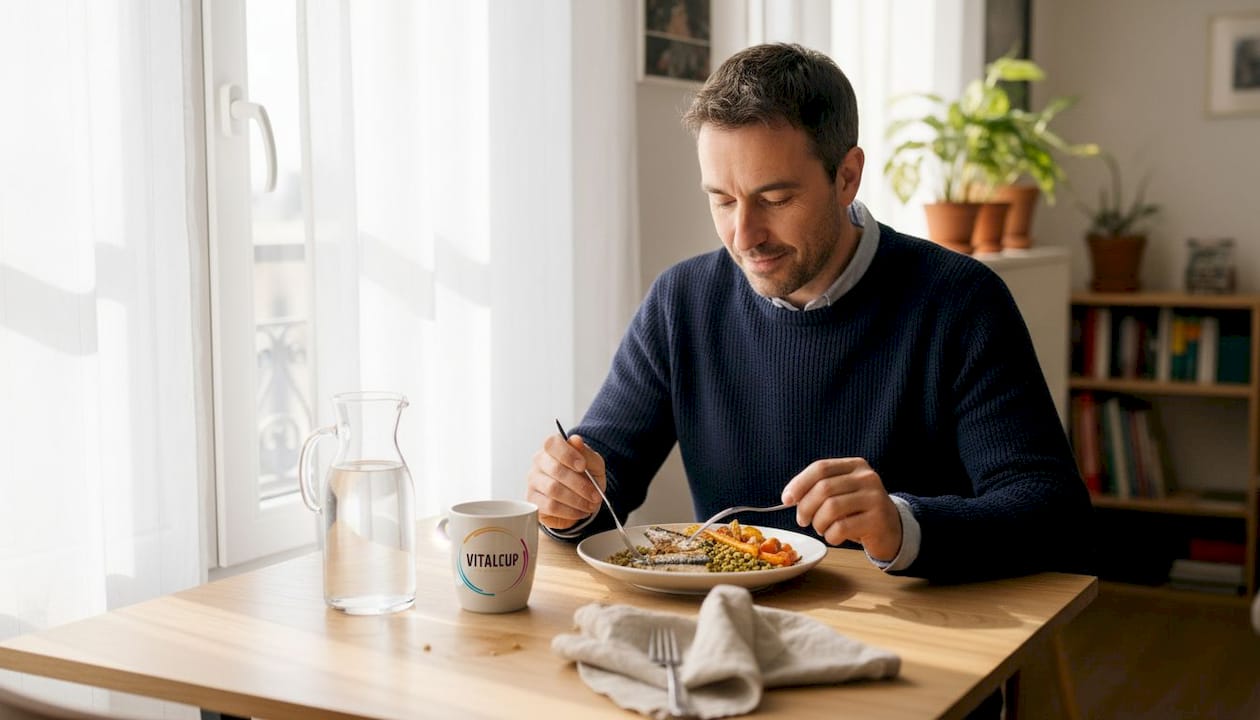 Un homme déguste un repas riche en oméga-3.