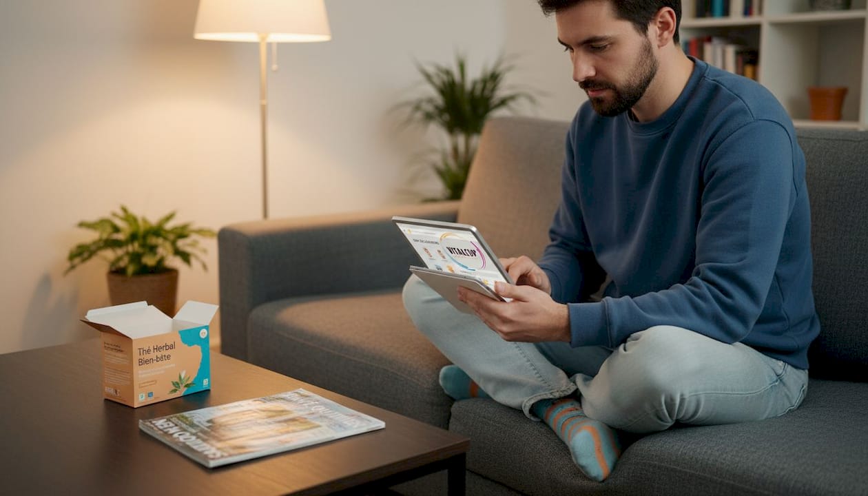 Un homme parcourt et trie des produits sur sa tablette, confortablement installé dans son salon.