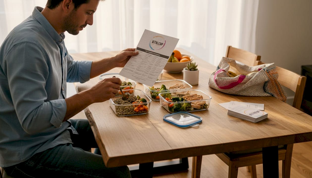 Un homme prépare des repas flexitariens sur la table de la salle à manger.