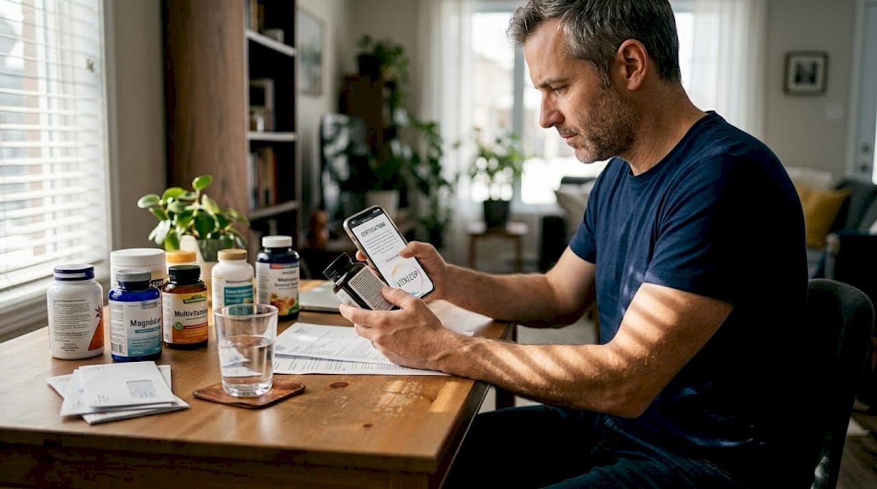 Un homme examine et compare attentivement les étiquettes de différents compléments alimentaires avant de faire son choix.