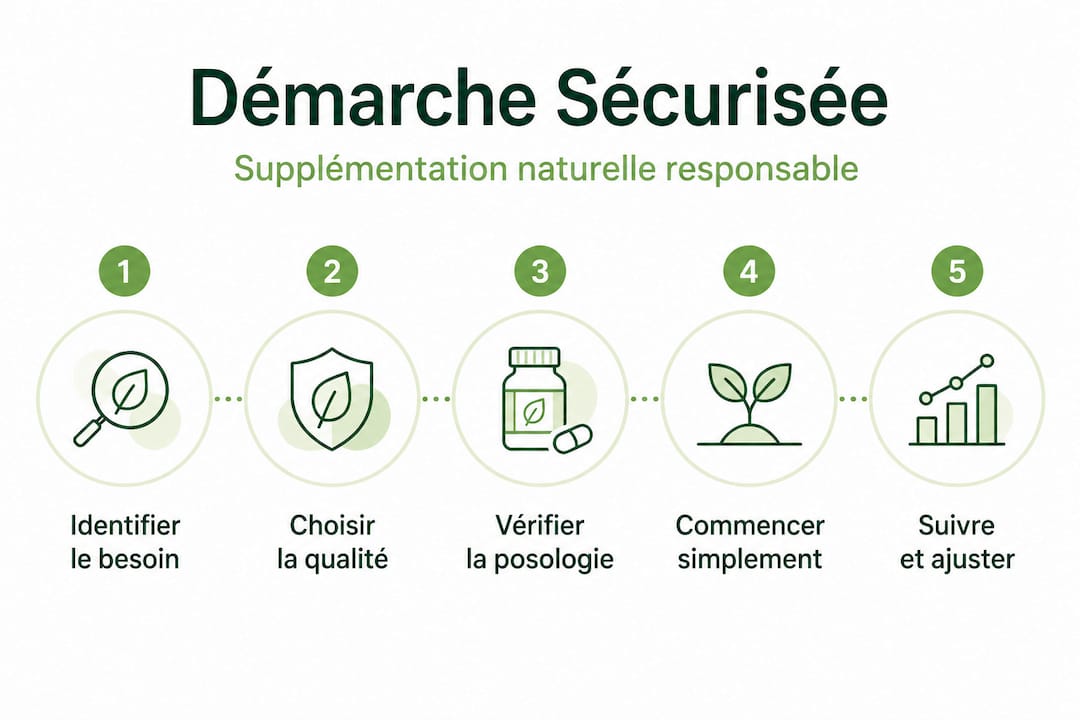 Infographies verticales illustrant les étapes clés de la supplémentation